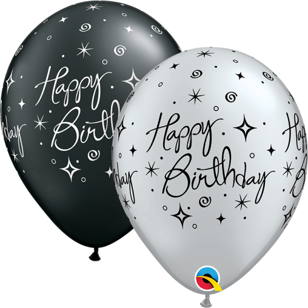 Lateks baloni 28 cm Happy Bday Elegant Sparkles&Swirls Pearl Black&Silver