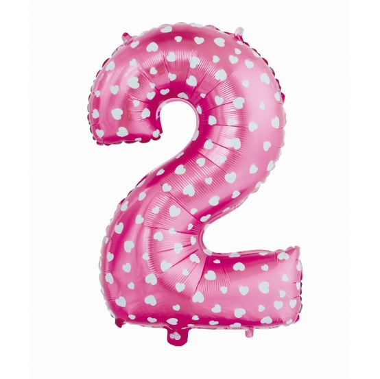 Folijski balon broj "2",pink with hearts, 26"