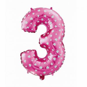 Folijski balon broj "3",pink with hearts, 26"